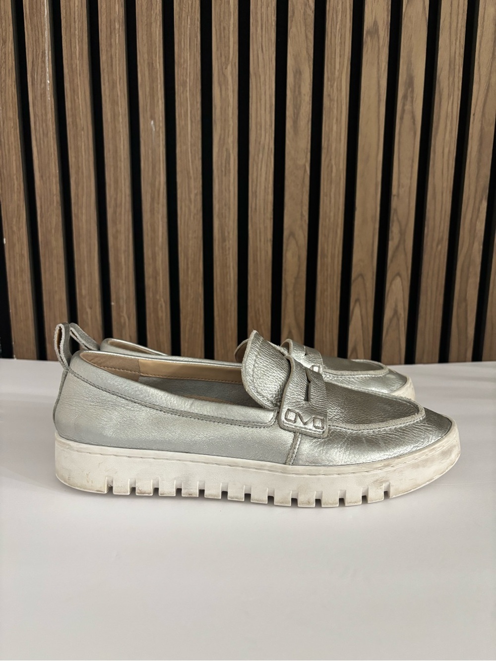 Vionic Metallic Silver Leather Slip-On Loafers